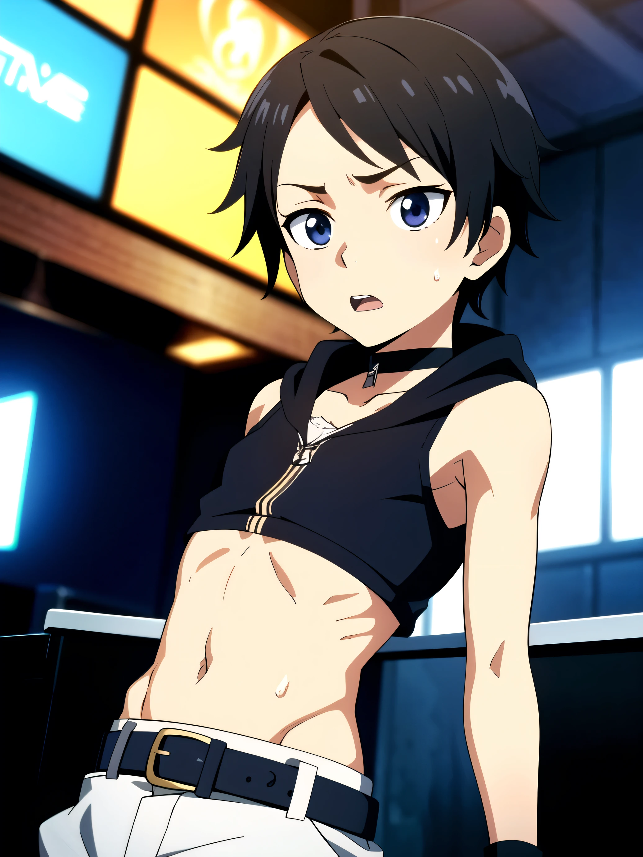 Highres, Masterpiece, Best quality at best,Best Quality,hight quality, hight detailed, 1boy, Boy, Young boy, Shota, Fluffy hair, Side bangs, Solo person, Sleeveless hoodie, Croptop, Navel, Choker, Glove, Arm cover, Belt, Collarbone, Depth of field, Anime screencap style, thin line, Seductive pose, open mouth,Seen from the front, Little sweat, Kpop, Cute boy, Slim body, (very small and short stature), (very young boy), 12-year-old boys, Blurry and simple beckground, bokeh, Uhd