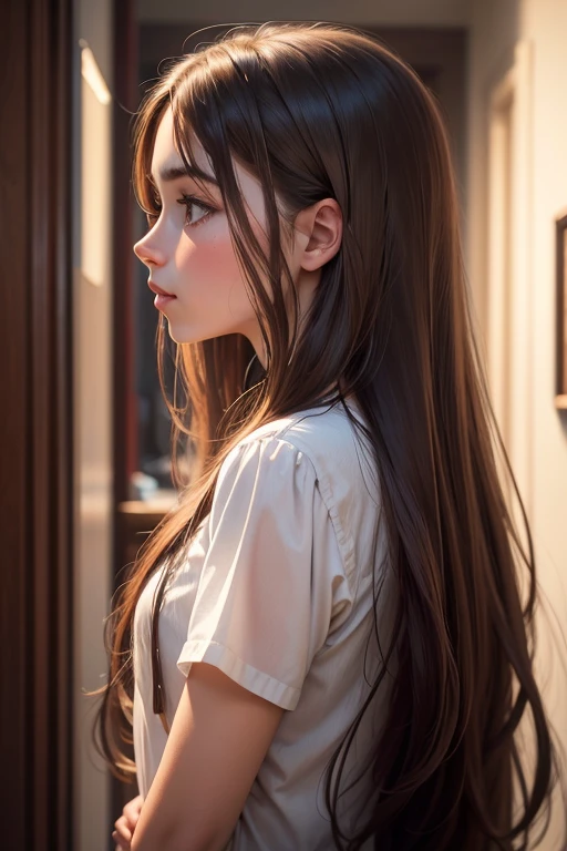 Young brunette, long hair, in profile, realistic, do something to the camera.