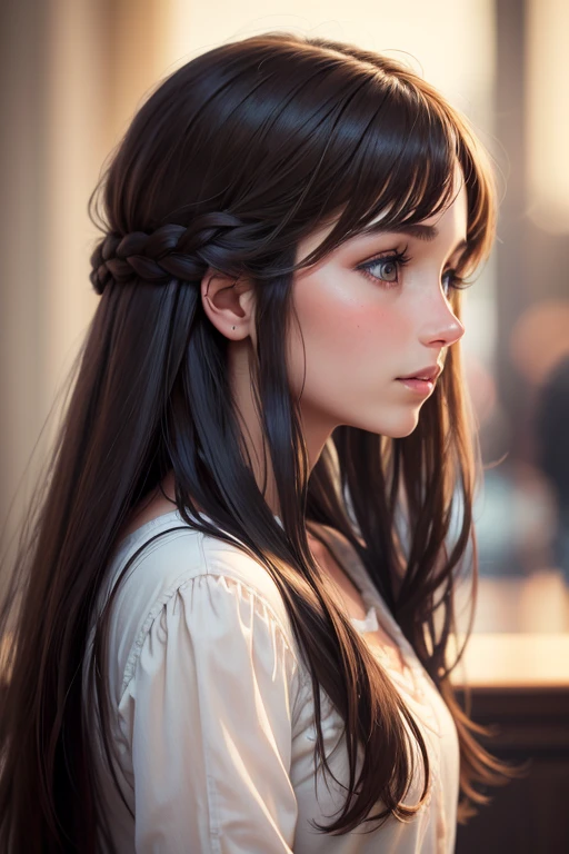Young brunette, long hair, in profile, realistic, do something to the camera.
