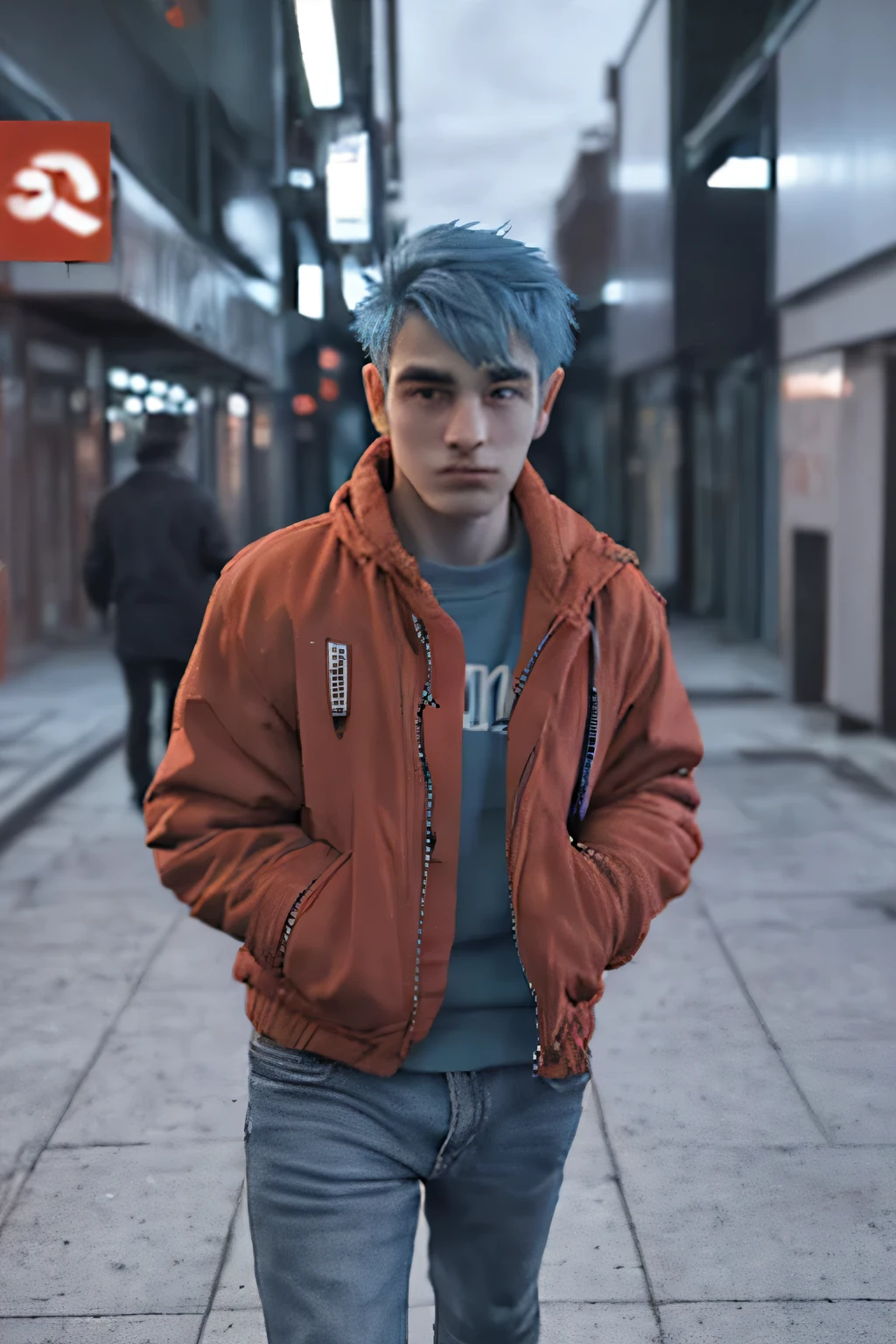 25 year old man, blue hair, red jacket, looking at the camera, walking on the street