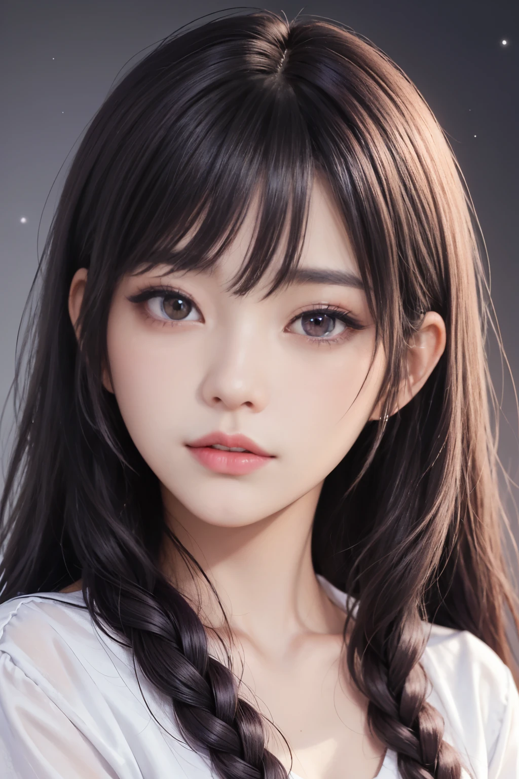 background(Black Night Sky,Big Moon),Woman close up,Wearing a white shirt、Purple Hair,Very long hair,very thick braids,Purple eyes,big , realistic girl rendering, 8k artistic german bokeh, Enchanting girl, Realistic girl, Gurwitz, Gurwitz-style artwork, Girl Roleplay, Realistic 3D style, cgstation Popular Topics,, 8K Portrait Rendering,(Faithfulness,Faithfulness:1.4),Wear pink pajamas,巨big ,Sparkling eyes,Purple eyes