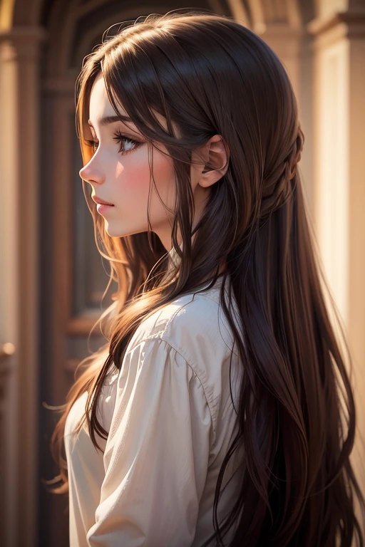 Young brunette, long hair, in profile, realistic, looks at the camera.