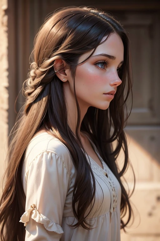 Young brunette, long hair, in profile, realistic, looks at the camera.