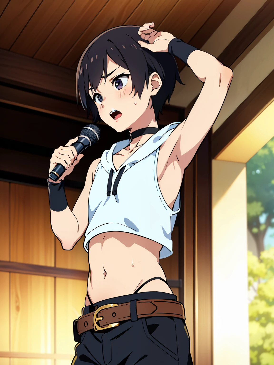 Highres, Masterpiece, Best quality at best,Best Quality,hight quality, hight detailed, 1boy, Boy, Young boy, Shota, Fluffy hair, Side bangs, Solo person, Sleeveless hoodie, Croptop, Navel, Choker, Glove, Arm cover, Belt, Collarbone, Depth of field, Anime screencap style, thin line, Seductive pose, open mouth,Seen from the front, Little sweat, Kpop, Cute boy, Slim body, (very small and short stature), (very young boy), s, Blurry and simple beckground, bokeh, Uhd
