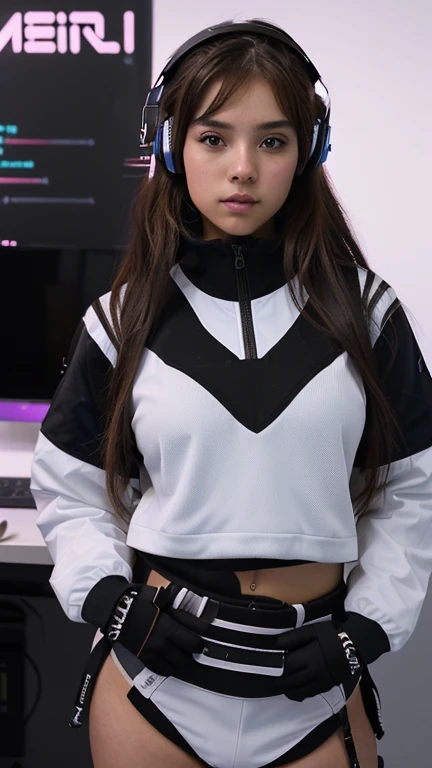 xoaeriel, a beautiful woman with wavy brown hair, ojos azules, nariz redonda, vistiendo un cohete de equipo,uniforme del equipo cohete,falda blanca,top corto,medias negras hasta el muslo,guantes negros hasta el codo,hiperealista, sentada en un escritorio con una computadora, gamer aesthetic, y 2k aesthetic, y2k aesthetic, Computer aesthetics, lofi girl aesthetic, 2k aesthetic, cybernetic aesthetic, vibraciones de anime, estilo y2k, estilo y2k, ambiente ciberpunks, En frente de una computadora, ambiente ciberpunk, an aesthetic!, Game aesthetics ,lucez de led de colores