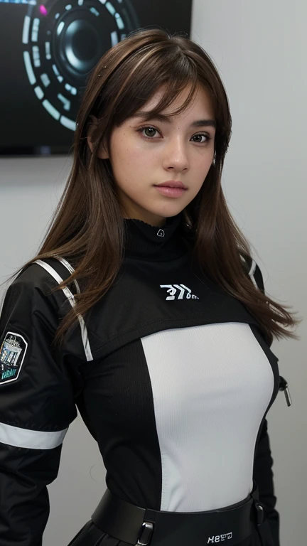 xoaeriel, a beautiful woman with wavy brown hair, ojos azules, nariz redonda, vistiendo un cohete de equipo,uniforme del equipo cohete,falda blanca,top corto,medias negras hasta el muslo,guantes negros hasta el codo,hiperealista, sentada en un escritorio con una computadora, gamer aesthetic, y 2k aesthetic, y2k aesthetic, Computer aesthetics, lofi girl aesthetic, 2k aesthetic, cybernetic aesthetic, vibraciones de anime, estilo y2k, estilo y2k, ambiente ciberpunks, En frente de una computadora, ambiente ciberpunk, an aesthetic!, Game aesthetics ,lucez de led de colores