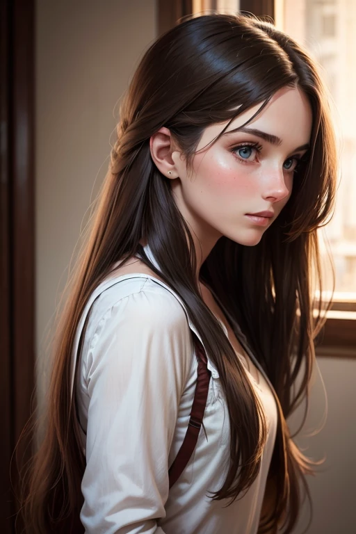 Young brunette, long hair, in profile, realistic, looks forward straight into the camera.