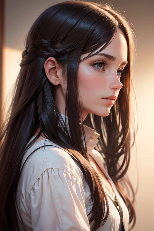 Young brunette, long hair, in profile, realistic, looks forward straight into the camera.
