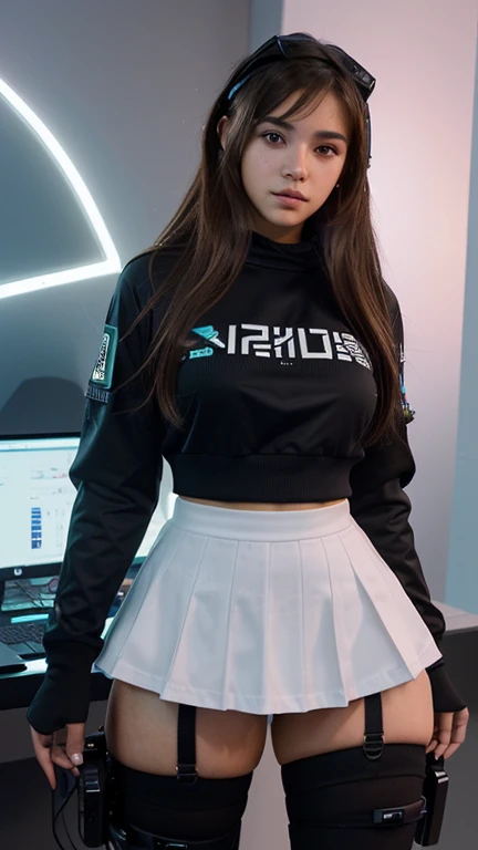 xoaeriel, a beautiful woman with wavy brown hair, ojos azules, nariz redonda, vistiendo un cohete de equipo,uniforme del equipo cohete,falda blanca,top corto,medias negras hasta el muslo,guantes negros hasta el codo,hiperealista, sentada en un escritorio con una computadora, gamer aesthetic, y 2k aesthetic, y2k aesthetic, Computer aesthetics, lofi girl aesthetic, 2k aesthetic, cybernetic aesthetic, vibraciones de anime, estilo y2k, estilo y2k, ambiente ciberpunks, En frente de una computadora, ambiente ciberpunk, an aesthetic!, Game aesthetics ,lucez de led de colores