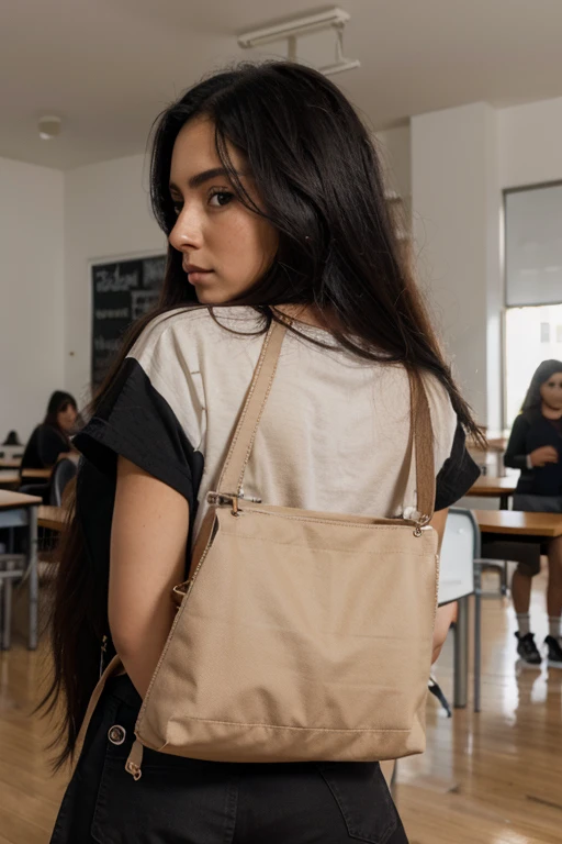En la escuela, una mujer, frontal, pelo largo y negro, falda corta negra, bolsa, Enojado, abusivo, super detailed, 4k