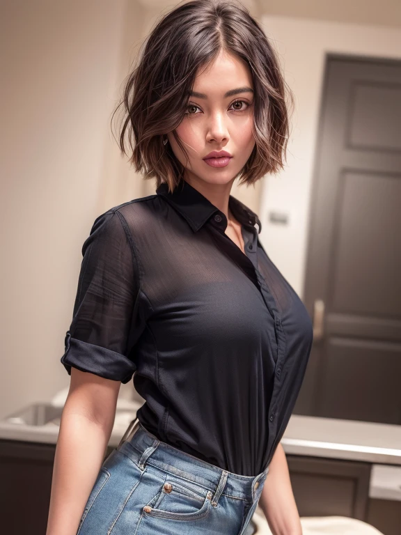 (masterpiece:1.3), (8k, realistic, RAW , best quality: 1.4), (1 sexy ultra hot girl), adults movies actress , onlyfans model actress , instagram sexy influencer , sensual beautiful face, (black hair, short bob cut hair:1.3), (half-opened oversized_long unbuttoned man's shirt ), absurdres, attractive, ultra high res, ultra realistic, highly detailed, golden ratio
