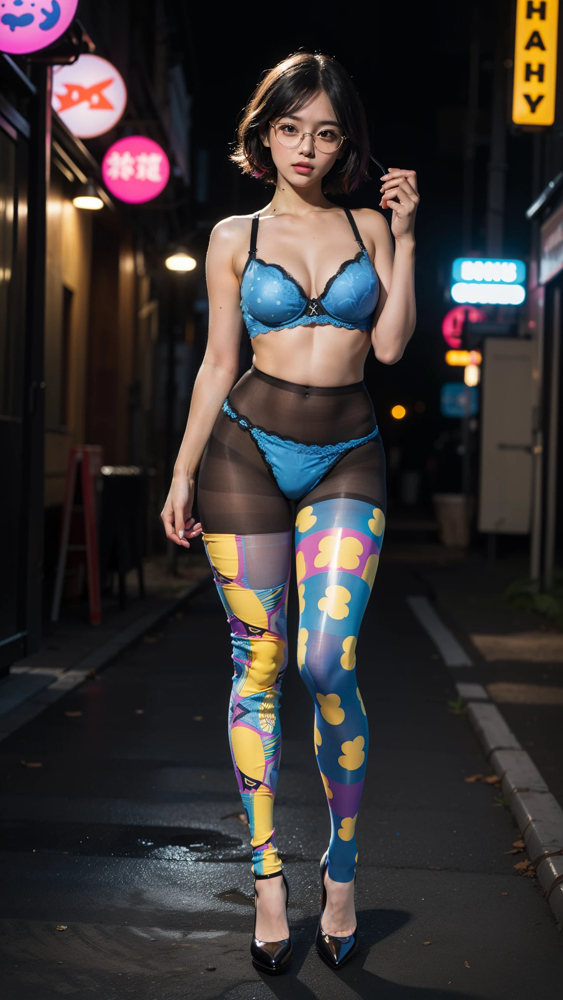(full body:1.5),(((only one girl)):1.4),(view the viewer:1.4),((anatomy correct):1.45),(((dancing in the night club, Perfectly integrated background))):1.3),(she wears large glasses and Holding bra & pantie in her hand:1.2),(shy:1.15),((stocking set):1.2),(((((((patterns)))))) ,((thick pantyhose)):1.3),(high heels leather shoes:1.1),((Long legs and large chest):1.3),((((colorful))):1.4),(Accurate and perfect face:1.3),((black short hair):1.2),hyper HD, Ray traching, reflective light, structurally correct, Award-Awarded, high detail, lighten shade contrast, Face lighting ,cinematic lighting, masterpiece, super detailing, high quality, high detail, best quality, 16k,High contrast,