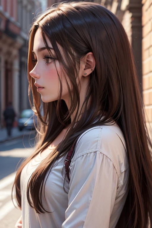 Young brunette, long hair, in profile, realistic, looks straight ahead.