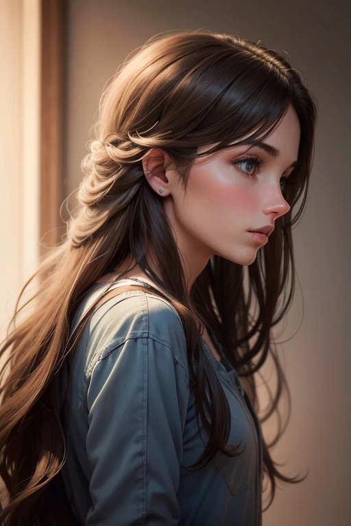 Young brunette, long hair, in profile, realistic, looks straight ahead.