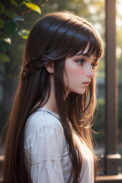 Young brunette, long hair, in profile, realistic, looks straight ahead.
