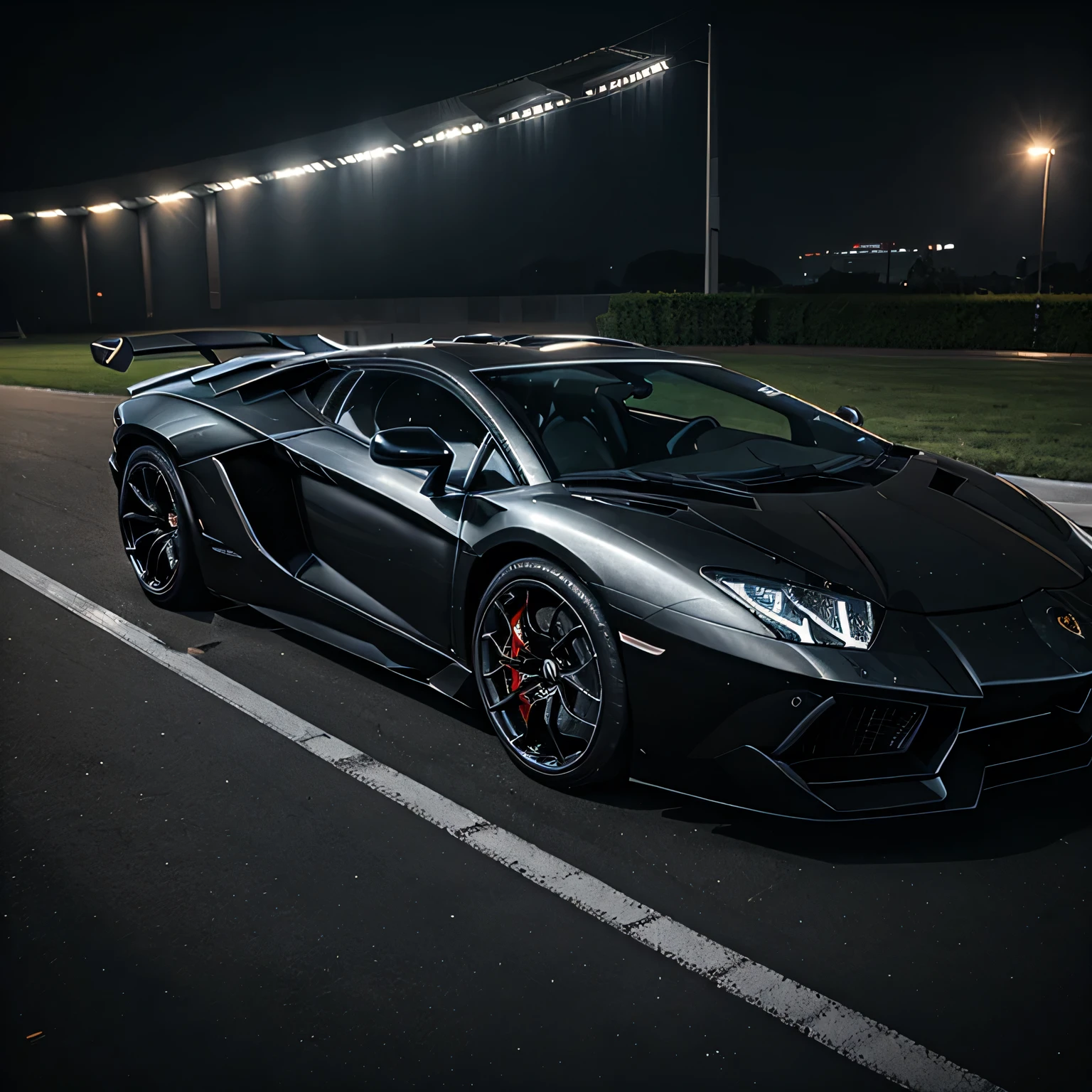 (realistic, best quality, 4k), luxurious Lamborghini Aventador with a sports body kit, black forged wheels, cyberpunk style, twilight, side view, speeding on a sports track.