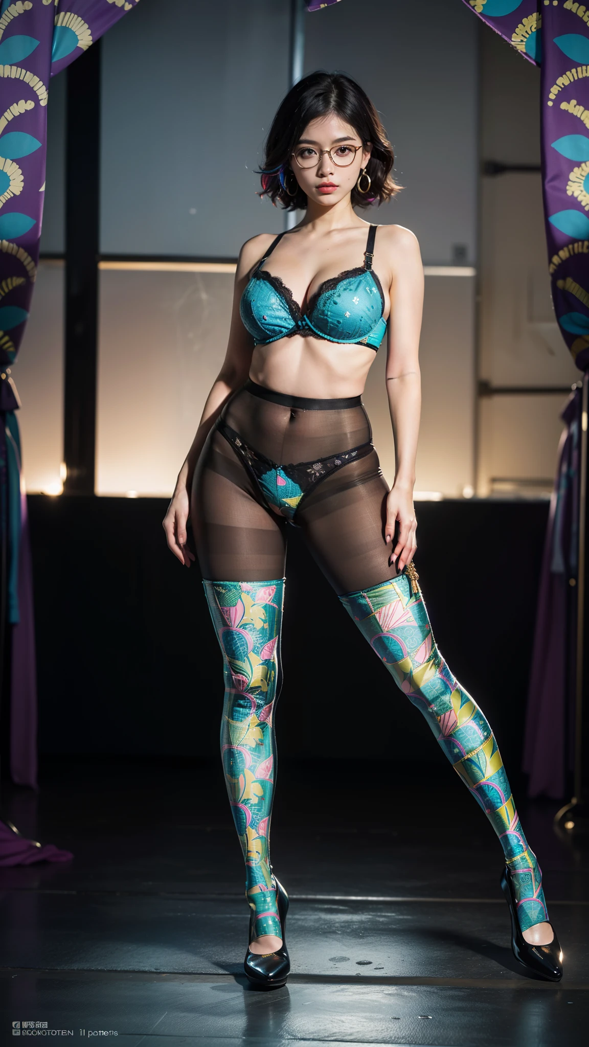 ,(full body:1.5),(((only one girl)):1.4),(view the viewer:1.4),((anatomy correct):1.45),(((dancing in the night club, Perfectly integrated background))):1.3),(she wears large glasses and Holding bra & pantie in her hand:1.2),(shy:1.15),(stocking set):1.2),(((((((patterns)))))) ,((thick pantyhose)):1.3),(high heels leather shoes:1.1),((Long legs and large chest):1.3),((((colorful))):1.4),(Accurate and perfect face:1.3),((black short hair):1.2),hyper HD, Ray traching, reflective light, structurally correct, Award-Awarded, high detail, lighten shade contrast, Face lighting ,cinematic lighting, masterpiece, super detailing, high quality, high detail, best quality, 16k,High contrast,
