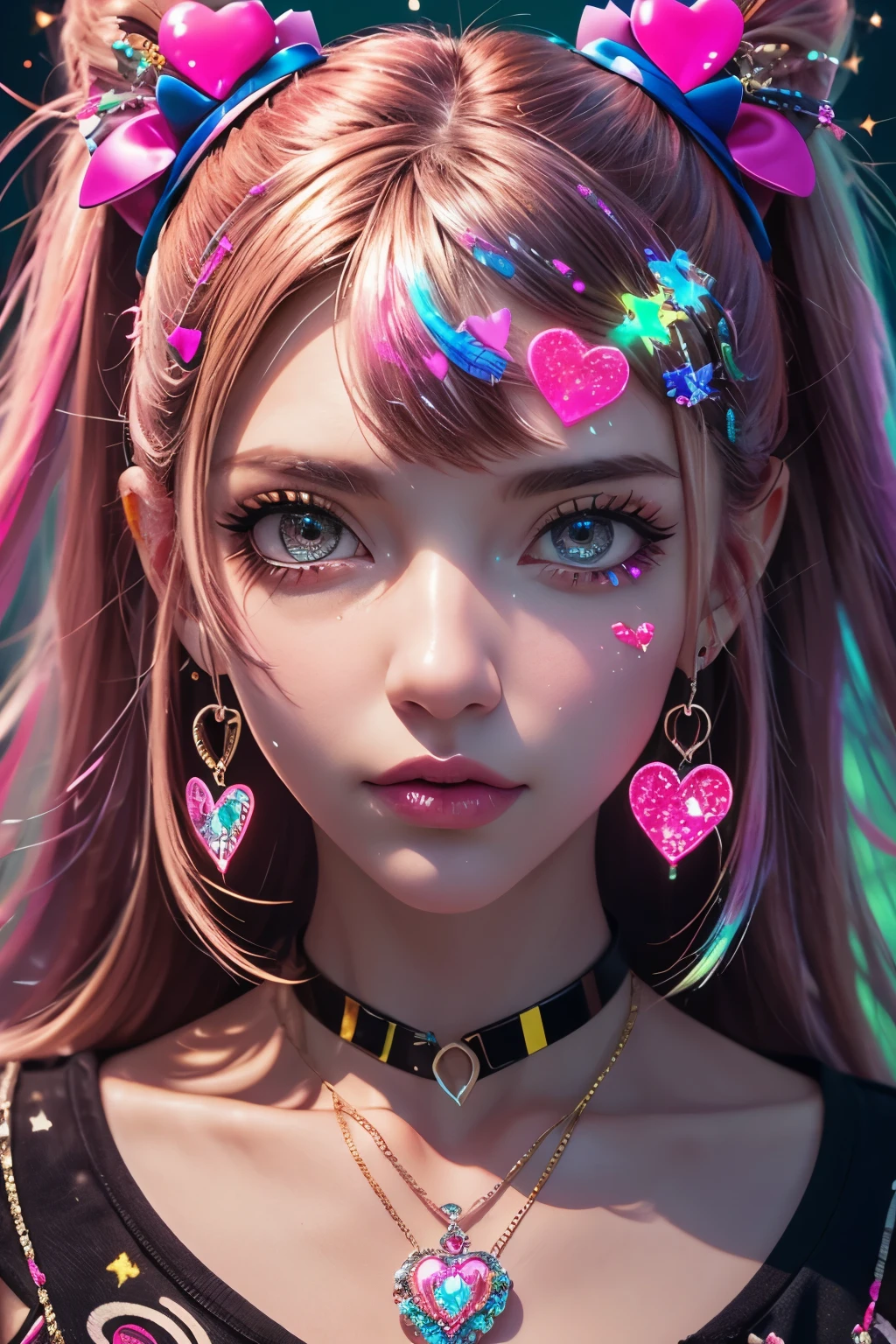 This is a Harajuku street-style masterpiece with extreme detail. Generate a trendy ((decora)) cyberpunk woman (standing) in the colorful and chaotic streets of Akihabara, Tokyo in the style of decora street style. The woman's decora and Harajuku street clothes are vibrant, with a mix of textures, neon colors, and inventive layering. Include oversized accessories like cute heart stickers on the woman's face, colorful hair clips and ribbons in different colors and sizes, and dynamic jewelry. (Her eyes are important) and should be symmetrical and detailed with interesting coloring and patterns. Include (iridescence) and (shimmer), glittering light, glowing neon signs, LED lights, (ultra detailed), dynamic composition