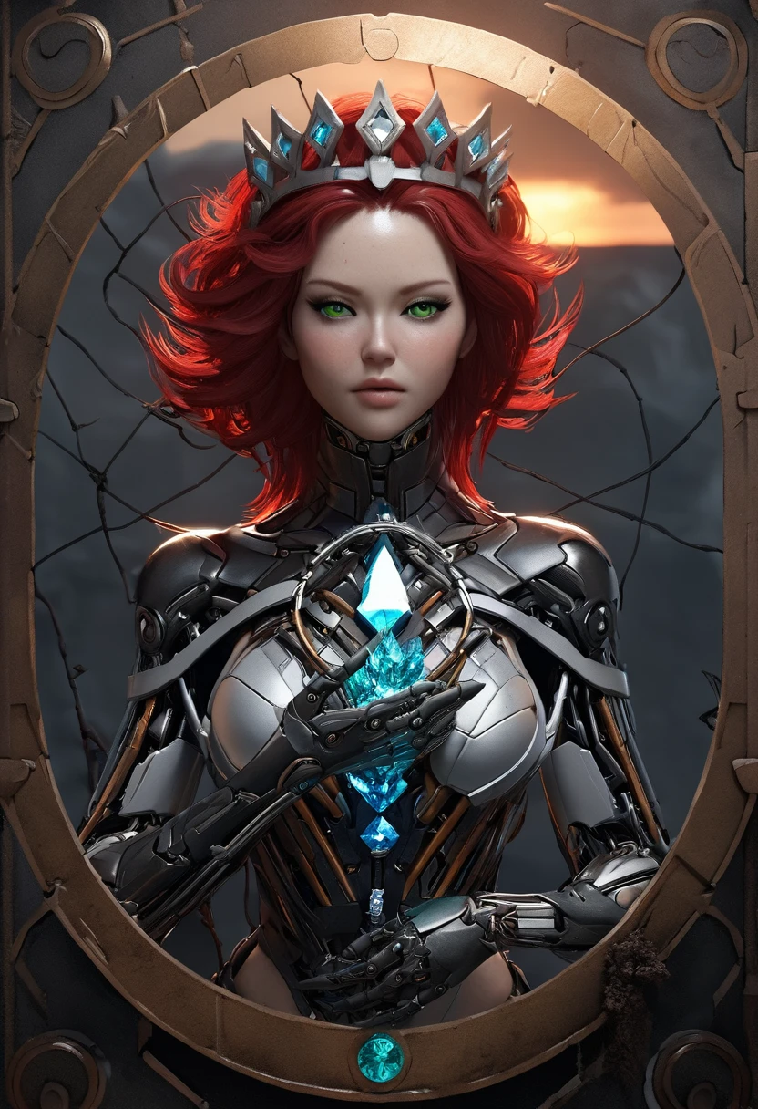 ((masterpiece, highest quality, Highest image quality, High resolution, photorealistic, Raw photo, 8K)), Abandoned robot soldier on battlefield, broken and immobile, rust and moss showing passage of time, female cyborg body, female body, biomechanical , extra detailed body, blowjob white mech, white biomechanical details, detailed body, shiny white armor, cybernetic body, eva unit-00 on back, full body details, Strong girl on her back looking over her shoulders, long red hair, fair skin, full body, thick thighs, medium breasts, large buttocks, detailed and defined eyes with eyeliner, bikini, thic, 3d render character art, 8k, 3d character art, realistic character concept, unreal 3d engine, detailed, arafed woman in a white bikini and black helmet posing, cinematic goddess body shot, bodybuilder superhero bikini, bikini armor female knight, female redhead templar, gynoid cyborg body, unreal engine render + a goddess, 3 d render character art 8 k, cinematic body shot, barbara hammer 4 k, thicc, bikini armor, photorealistic perfect body, Cute young biomechanical steampunk cyborg woman realistic movie shallow focus scene, her full body standing with a fluid movement in a simple barren place with stunning cloudscape and a sunset.Gothloli details、Hydraulic cylinder、meter、 Futuristic headset、 (wearing futuristic clothing (tangerine:0.3) cropped jacket and low cut jeans on top:1) of her (intricately detailed anatomical sculpted biomechanical graphite cyborg arms, intricately detailed anatomical sculpted biomechanical graphite cyborg torso, intricately detailed anatomical sculpted biomechanical graphite cyborg legs), (Intricately detailed anatomically sculpted biomechanical graphite cyborg grady).Futuristic headset、 (Anatomically sculpted biomechanical graphite cyborg、Embroidered with elegant and ornate details (Crystal Gemstones:1.5), cables, The wire and green microchip are、Skillfully into her female cyborg body) Slender hot fit body with a gorgeous young round face, expre