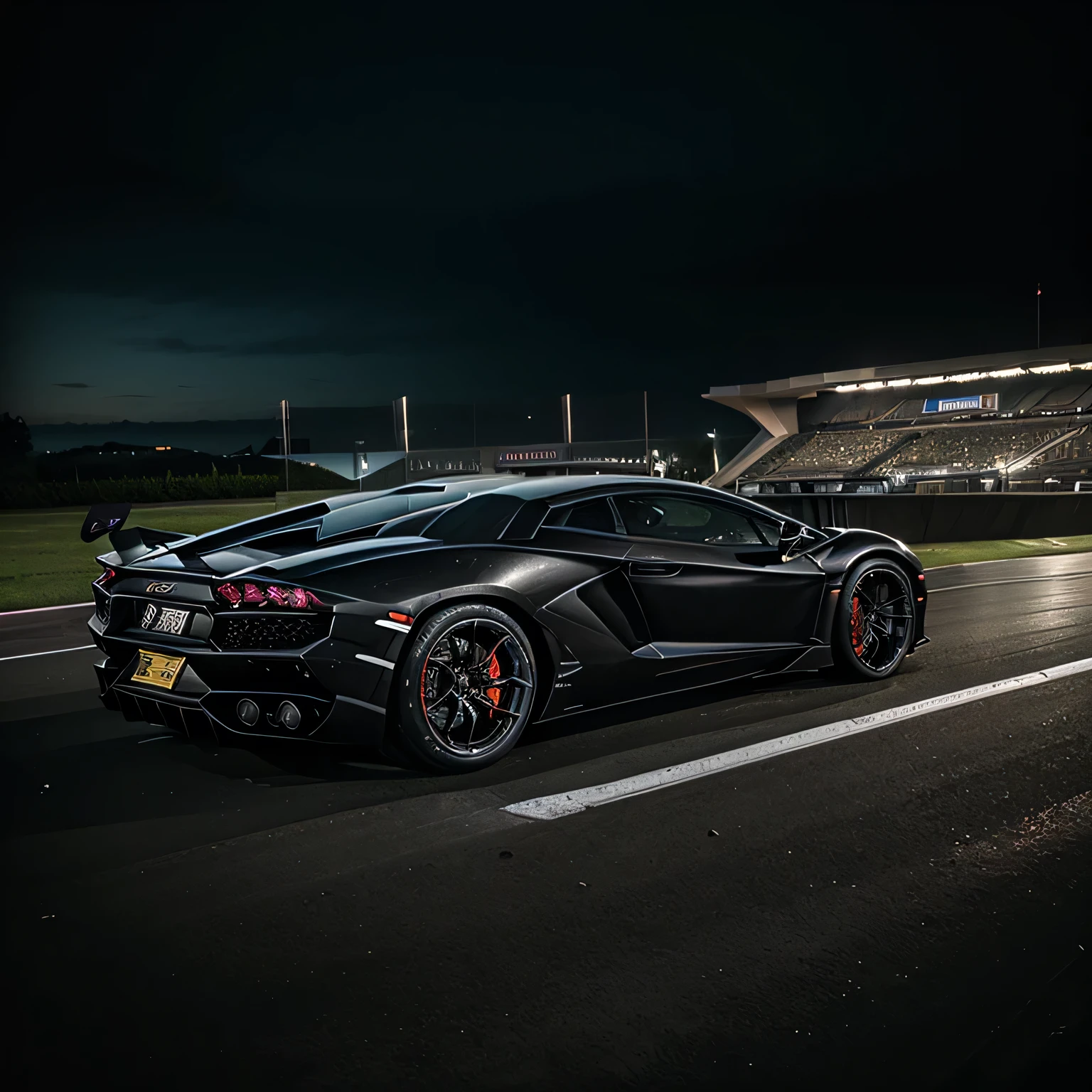 (realistic, best quality, 4k), luxurious Lamborghini Aventador with a sports body kit, black forged wheels, cyberpunk style, twilight, side view, speeding on a sports track.