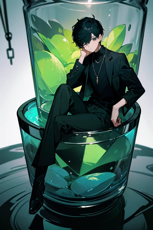 black hair, necklace, looking at viewer, 1boy, short hair, closed mouth, hair over one eye, black shirt, grey eyes, turtleneck, jacket on the shoulders, black trousers, boots, full body
Sitting in a bank. Green water in a jar. Empty space outside the jar