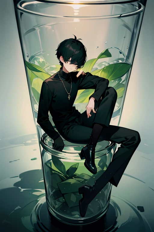 black hair, necklace, looking at viewer, 1boy, short hair, closed mouth, hair over one eye, black shirt, grey eyes, turtleneck, jacket on the shoulders, black trousers, boots, full body
Sitting in a bank. Green water in a jar. Empty space outside the jar