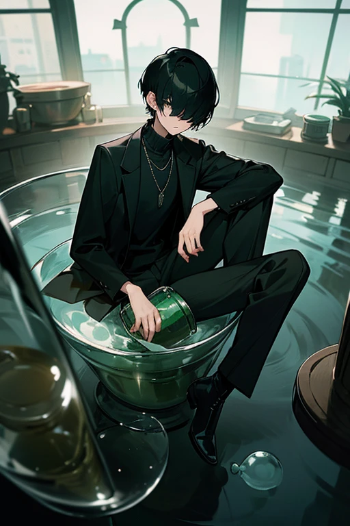 black hair, necklace, looking at viewer, 1boy, short hair, closed mouth, hair over one eye, black shirt, grey eyes, turtleneck, jacket on the shoulders, black trousers, boots, full body
Sitting in a bank. Green water in a jar. Empty space outside the jar