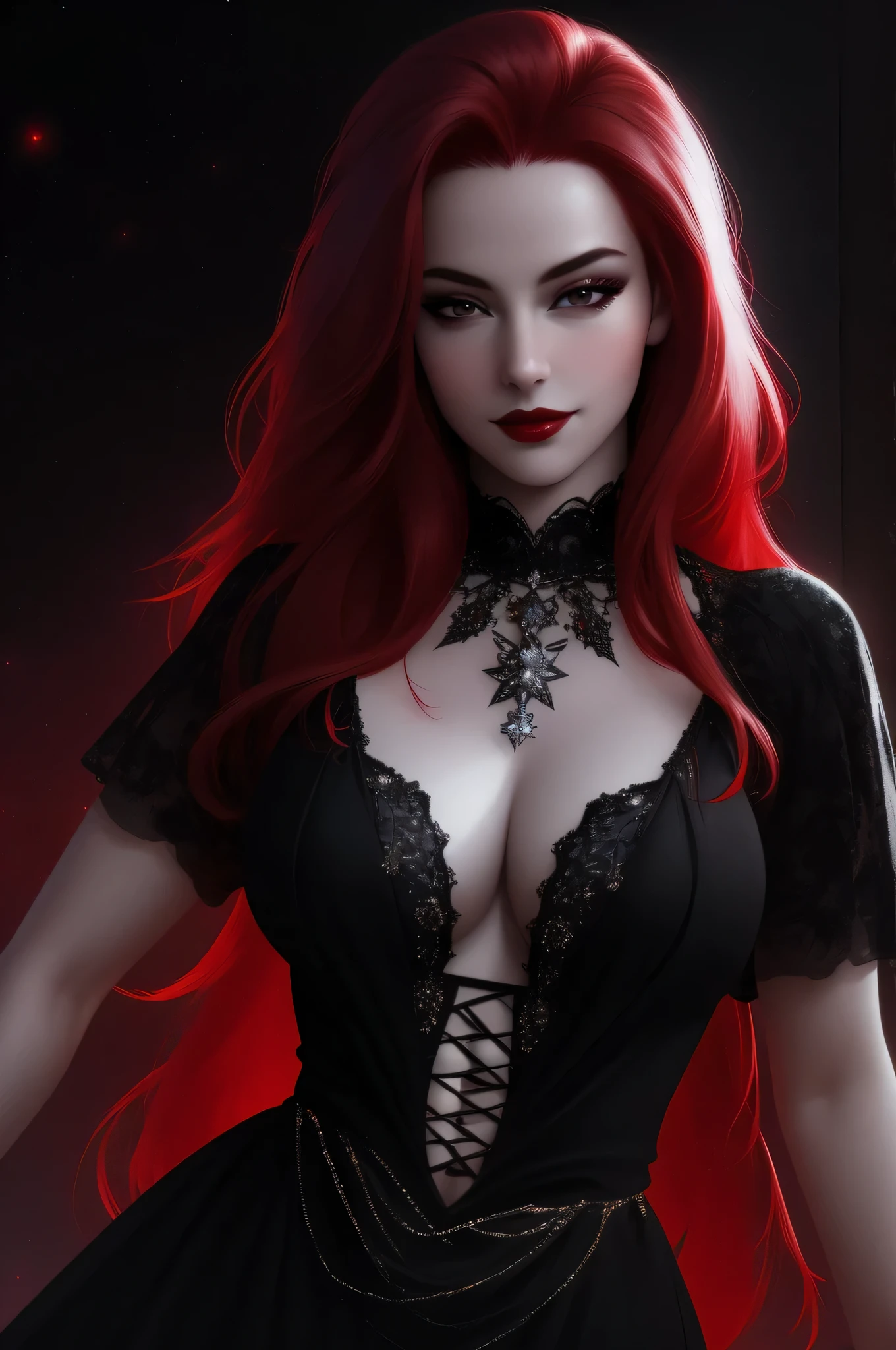 (Masterpiece - Ultra-Detailed, High Resolution) ((vivid red hair)), mature woman, 30 years old, diamond face, red starry sky background, depth of field, magic, big red lips, ((dark and black eyes)) black and red long and full dress, covered chest, mystical atmosphere, ominous shadows, Intense blue aura, Intense red aura (best quality:1.2), absurdres, intricate details, (highly detailed skin:1.2), smile expression, posing, taut and well defined body, attractive. Highly realistic, pale skin, beautiful, hyperrealism, skin very elaborated, direct gaze
