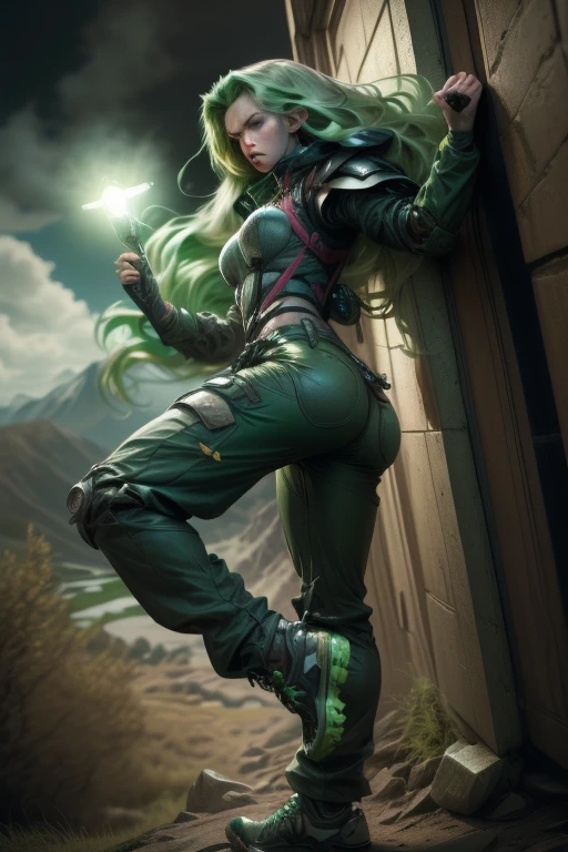 masterpiece, best quality, official art, ultra high res, ultra detailed, realistic, (photorealistic:1.4), 1girl, solo, holding a flashlight, mature, woman, climbing a mountain, serious, tactical, pose, hiking pants, wind, wind breaker, holding up flashlight, green hair, long hair, very long hair, armour
