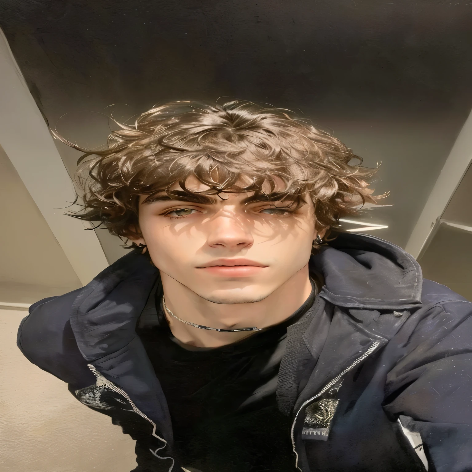 Homem com uma jaqueta preta e uma camisa preta, Declan McKenna, ele tem cabelo castanho curto e encaracolado, Timótee Chalamet, Zac Retz, profile picture with headshot, his hair is messy and wild, pete davidson, taken at the beginning of 2020, Adriano Girod, rosto perfeito e garoto, estilo de seb mckinnon