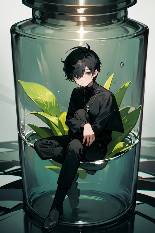 (Chibi) black hair, necklace, looking at viewer, 1boy, short hair, closed mouth, hair over one eye, black shirt, grey eyes, turtleneck, jacket on the shoulders, black trousers, boots, full body
Sitting in a bank. Green water in a jar. (Empty space)