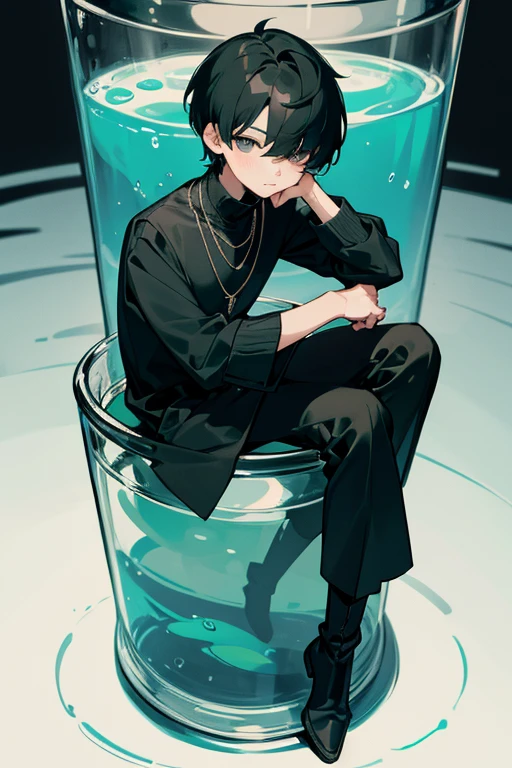 (Chibi) black hair, necklace, looking at viewer, 1boy, short hair, closed mouth, hair over one eye, black shirt, grey eyes, turtleneck, jacket on the shoulders, black trousers, boots, full body
Sitting in a bank. Green water in a jar. (Empty space)