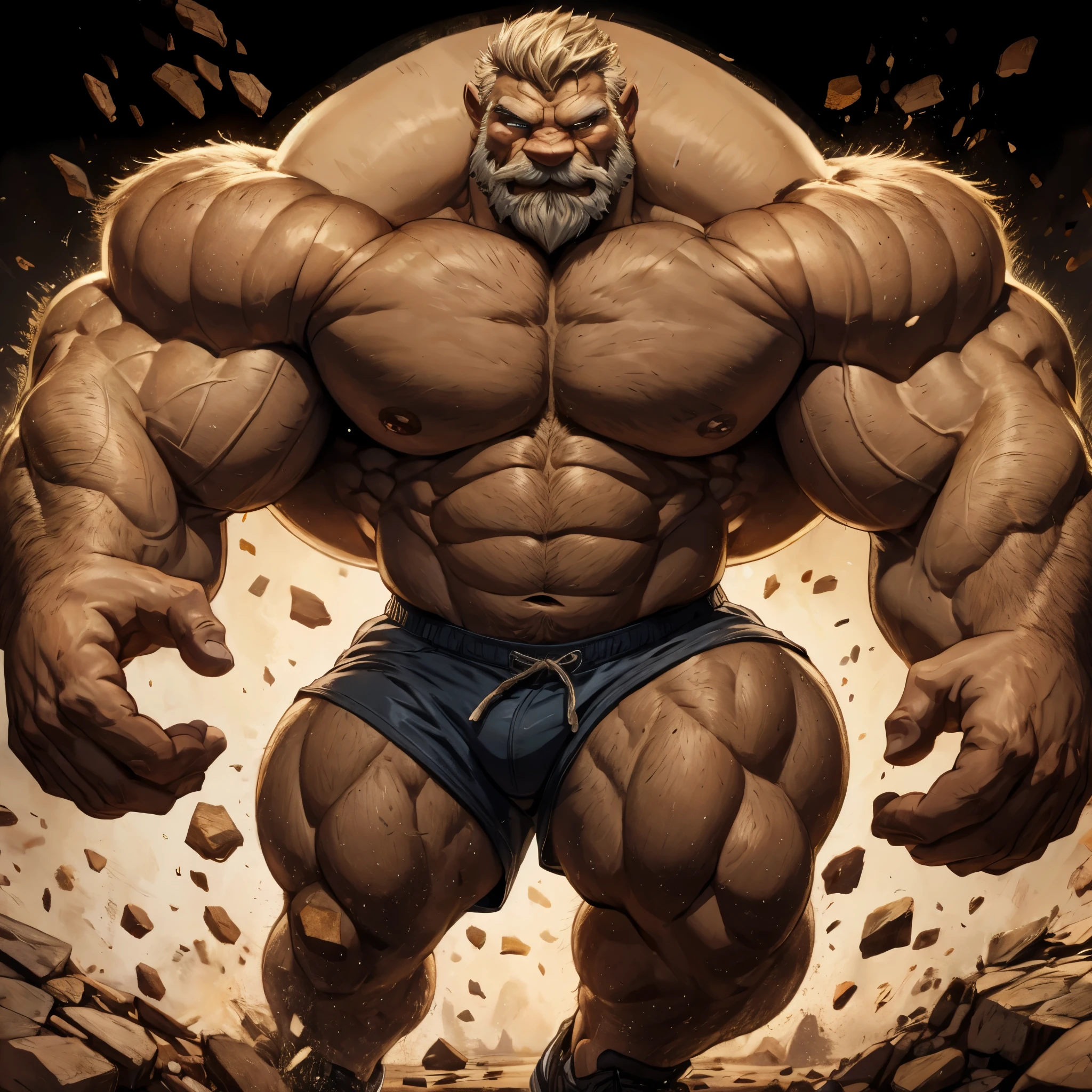 huge muscular old man, shorts, absurd muscle size