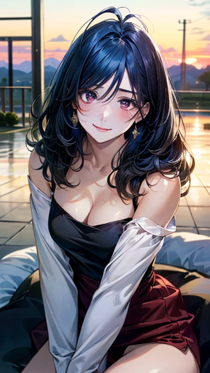 (masterpiece:1.3, top-quality, ultra high res, ultra detailed), (realistic, photorealistic:1.4), beautiful illustration, perfect lighting, natural lighting, colorful, depth of fields, ,
beautiful detailed hair, beautiful detailed face, beautiful detailed eyes, beautiful clavicle, beautiful body, beautiful chest, beautiful thigh, beautiful legs, beautiful fingers, beautiful hands,
looking at viewer, 1 girl, japanese, high school girl, (perfect anatomy, anatomically correct), cute and symmetrical face, babyface, perfect face, perfect eyes, shiny skin, slender,
(long hair:1.7, wavy hair:0.8, blue hair), antenna hair, hair between eyes, emerald black eyes, long eye lasher, (large breasts:0.8, seductive thighs), black dress, sitting with open legs, showing red panties,
((long sleeve light purple knit dress, black tube top)),
(beautiful scenery), summer, evening, (school), (lovely smile, upper eyes),