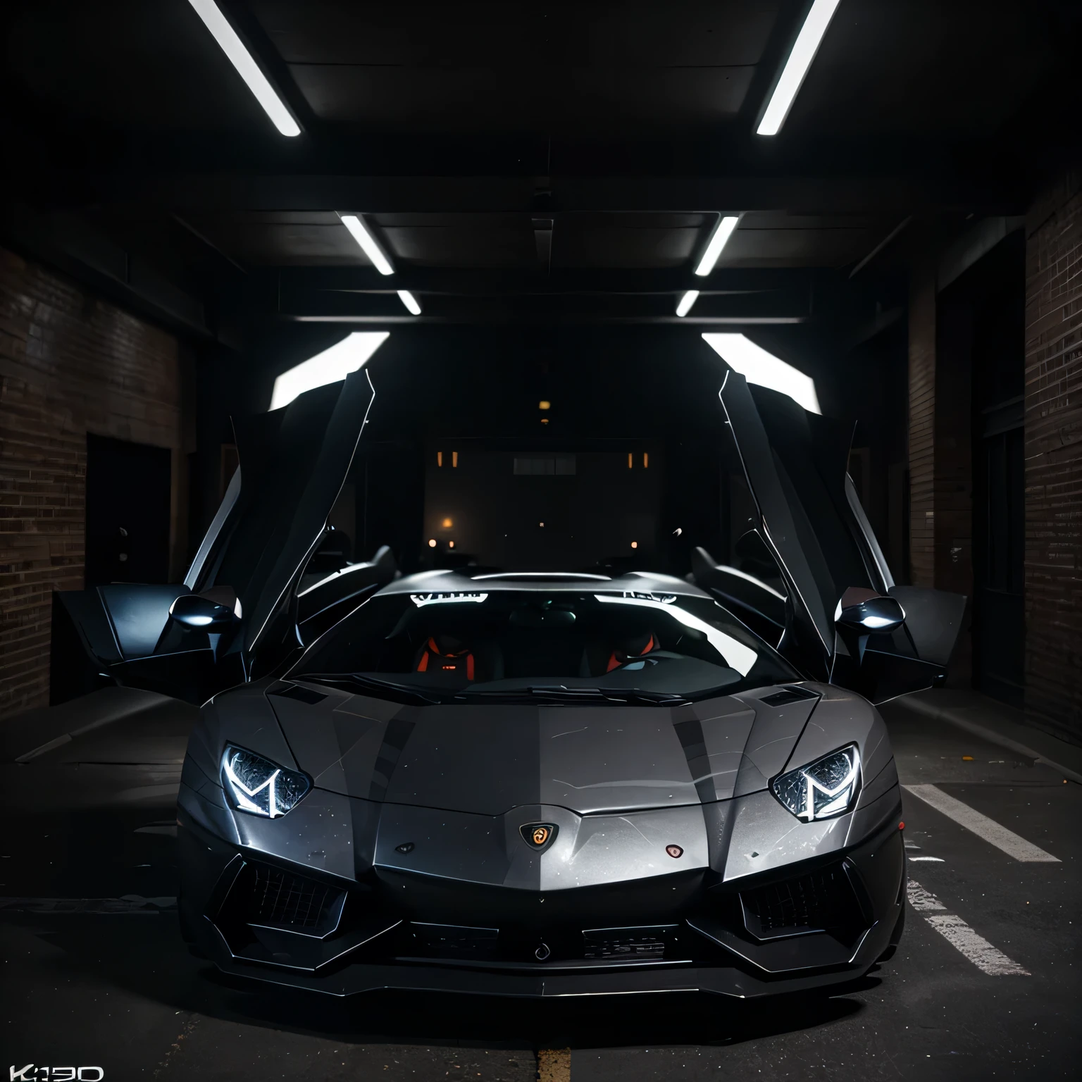 (best quality,4k,realistic),luxurious Lamborghini Aventador with a sports body kit, black forged wheels, cyberpunk style, twilight, side view

