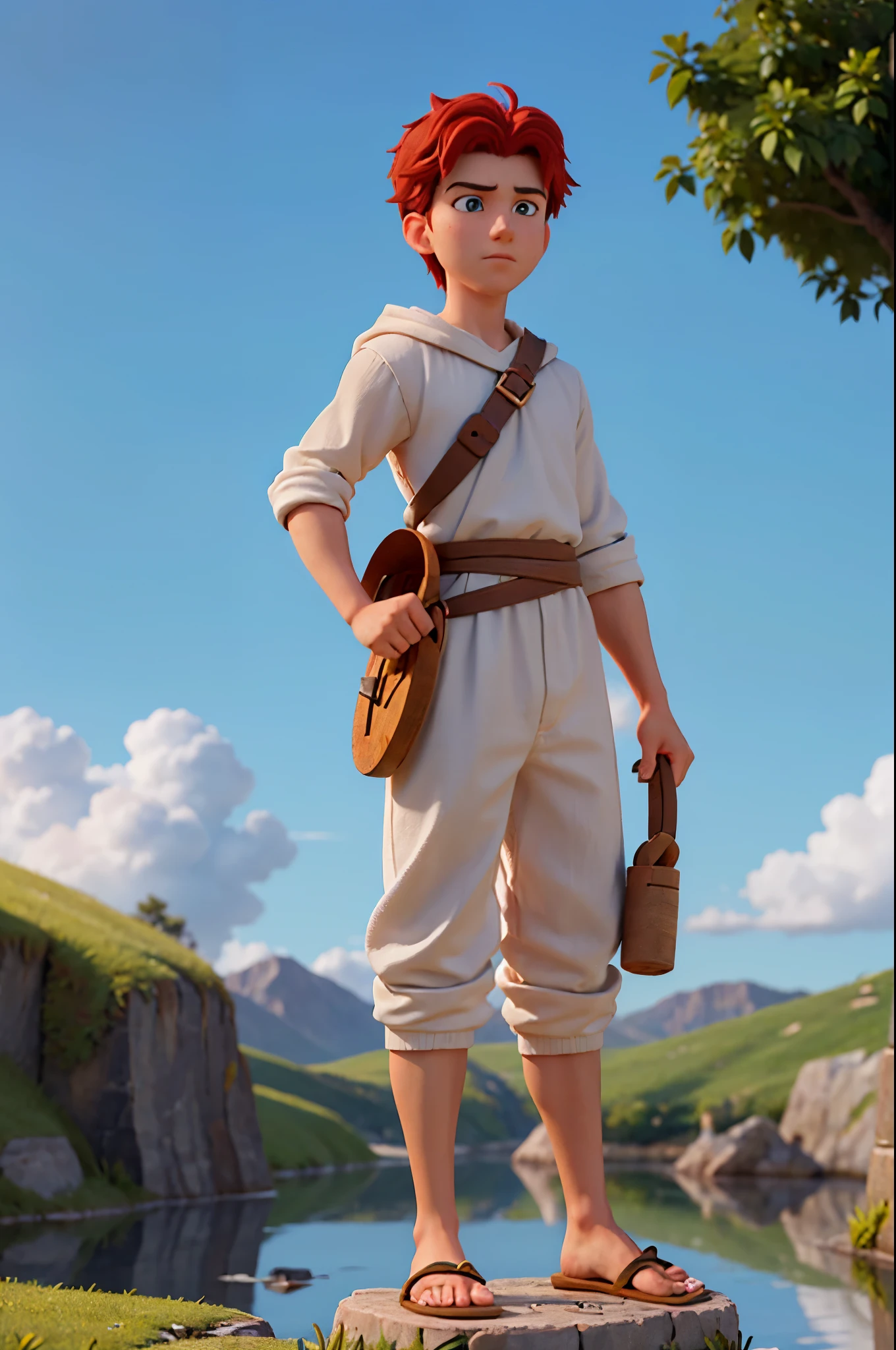 Develop an image of a young shepherd named David, as described in the Bible. He is depicted as having red hair, fair skin, and expressive eyes. His expression is serene yet determined, reflecting his courage and faith. He is dressed in simple shepherd's clothing, perhaps a tunic and sandals, and holds a sling in one hand, a symbol of his skill and prowess. The surrounding scenery could be a pastoral landscape, with green hills and a blue sky. Capture the calm and confident essence of this young man who would become one of the greatest kings of Israel.