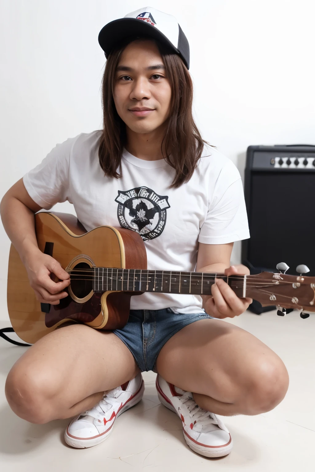 Realistic 4D caricature of Indonesian man aged 40 years, straight hair, dad hat, wearing white t-shirt, blue jeans, red converse shoes, right hand gesture a thumb, left hand holding a guitar accoustic, white background, HD quality