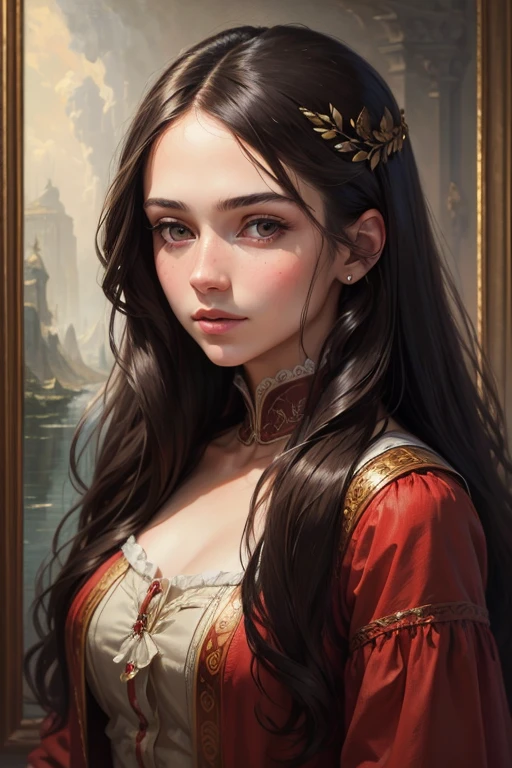 (((portrait, masterpiece))), Young beautiful brunette, long hair, Looking straight ahead, realistic. highest quality 16k.