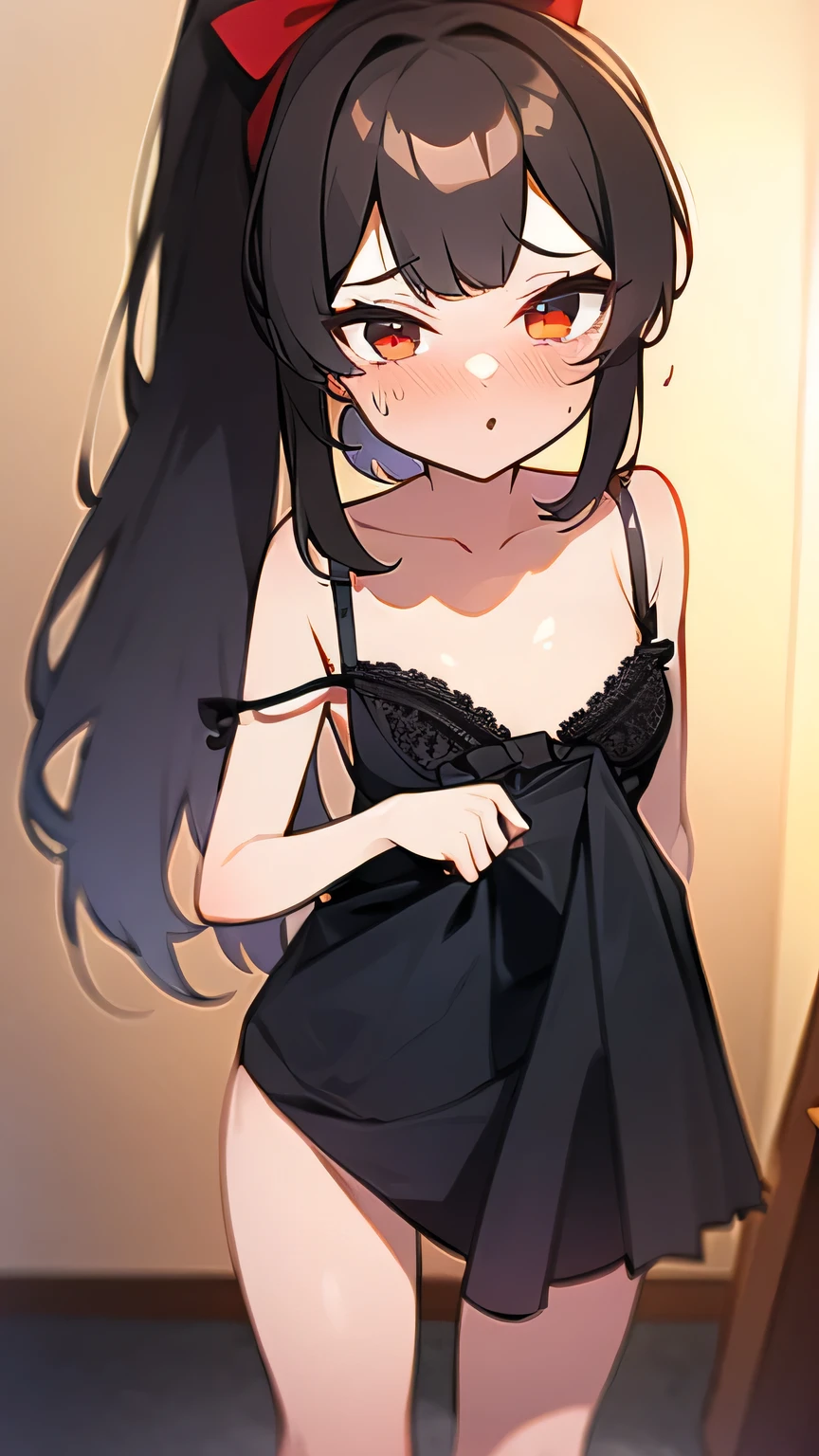 Adulta joven, Cabello negro ondulado, mirada penetrante con ojos profundos de color rojo, estatura promedio, Silky hair with a ponytail hairstyle collected with a red bow with two white lines, tiene pechos, primer plano, Session, standing in the middle of his room [[[[pervertida]]] , Sonrojada, mini dress transparent lingerie, NSFW