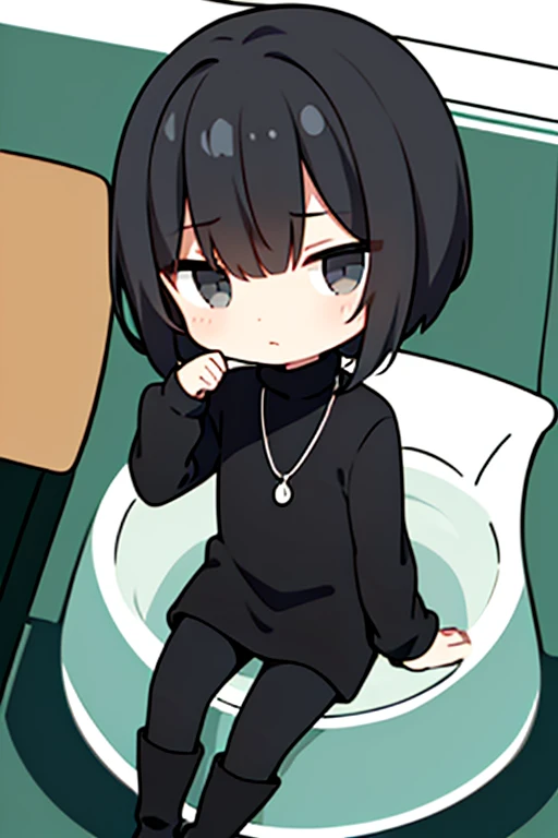 (Chibi) black hair, necklace, looking at viewer, 1boy, short hair, closed mouth, hair over one eye, black shirt, grey eyes, turtleneck, jacket on the shoulders, black trousers, boots, full body
Sitting in a bank. Green water in a jar. (Empty space)