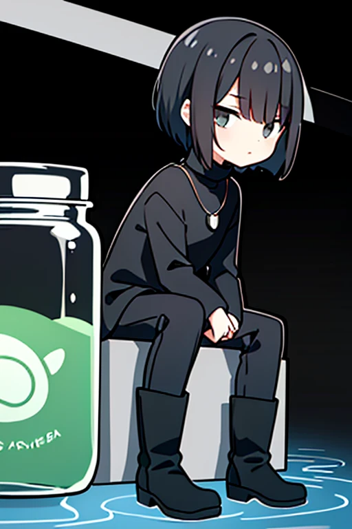 (Chibi) black hair, necklace, looking at viewer, 1boy, short hair, closed mouth, hair over one eye, black shirt, grey eyes, turtleneck, jacket on the shoulders, black trousers, boots, full body
Sitting in a bank. Green water in a jar. (Empty space)