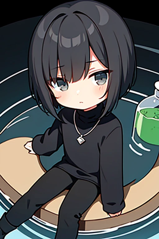 (Chibi) black hair, necklace, looking at viewer, 1boy, short hair, closed mouth, hair over one eye, black shirt, grey eyes, turtleneck, jacket on the shoulders, black trousers, boots, full body
Sitting in a bank. Green water in a jar. (Empty space)