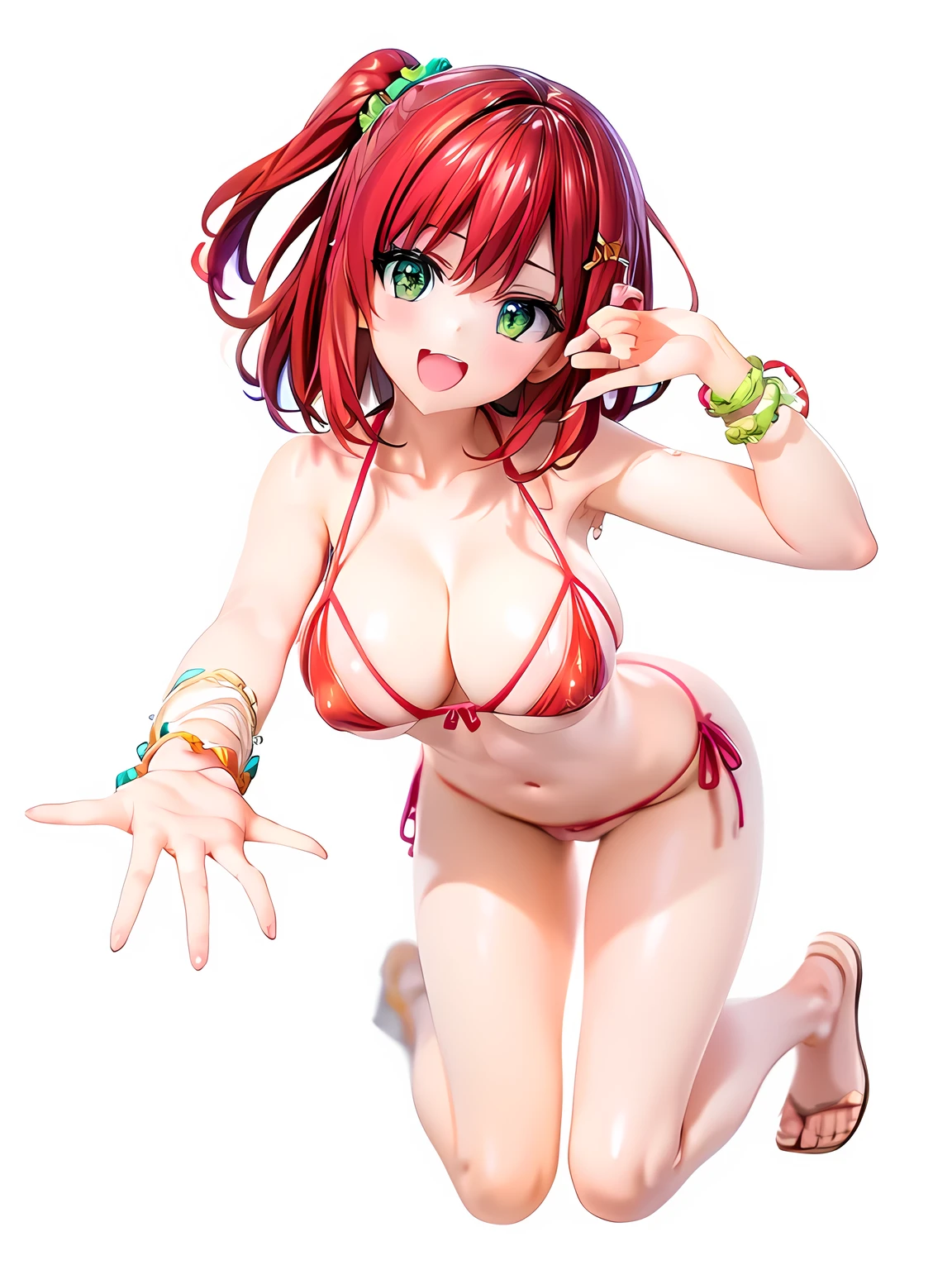 best quality, masterpiece, extremely detailed CG, official art , professional lighting, detailed background, sakimiyairuka, red hair, green eyes, one side up, medium hair, green scrunchie, hair ornament, gleaming skin, big breasts, groin, micro bikini, smile,(cameltoe:1.2), puffy nipples