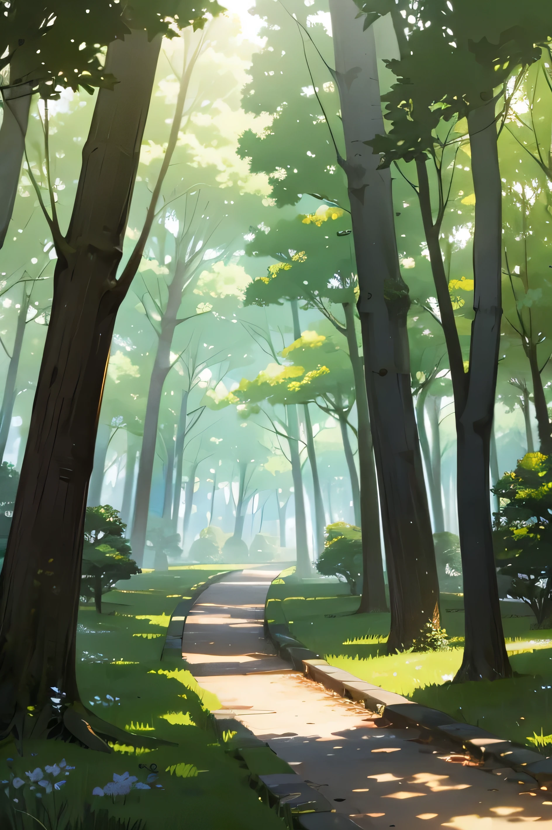 anime-style enchanted forest, no persons, brown path , many green trees and a magical climate