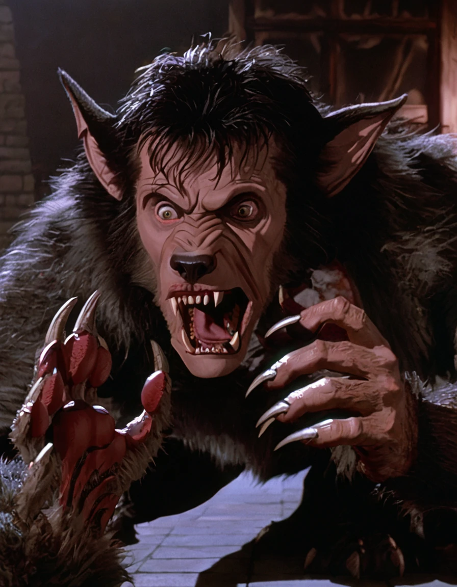 An American werewolf in london movie, movie screenshot, david looking in shock as his hand morphs into a werewolf paw