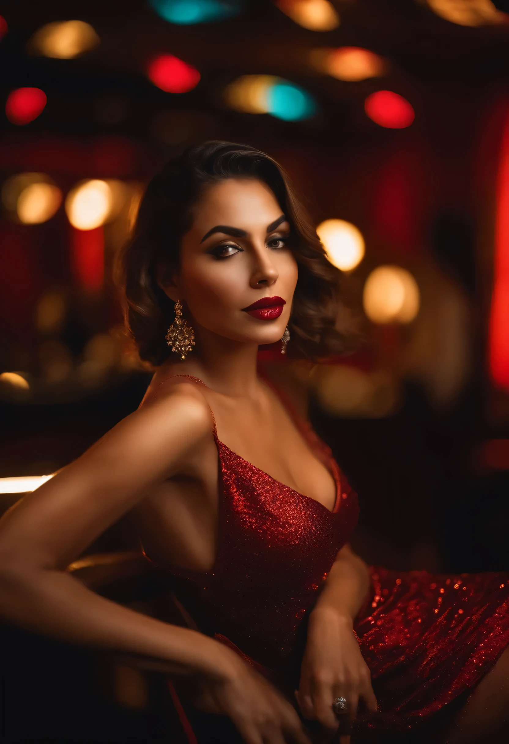 woman looking at the camera in a nightclub in a sexy evening dress that shows in her laugh that she is having fun.