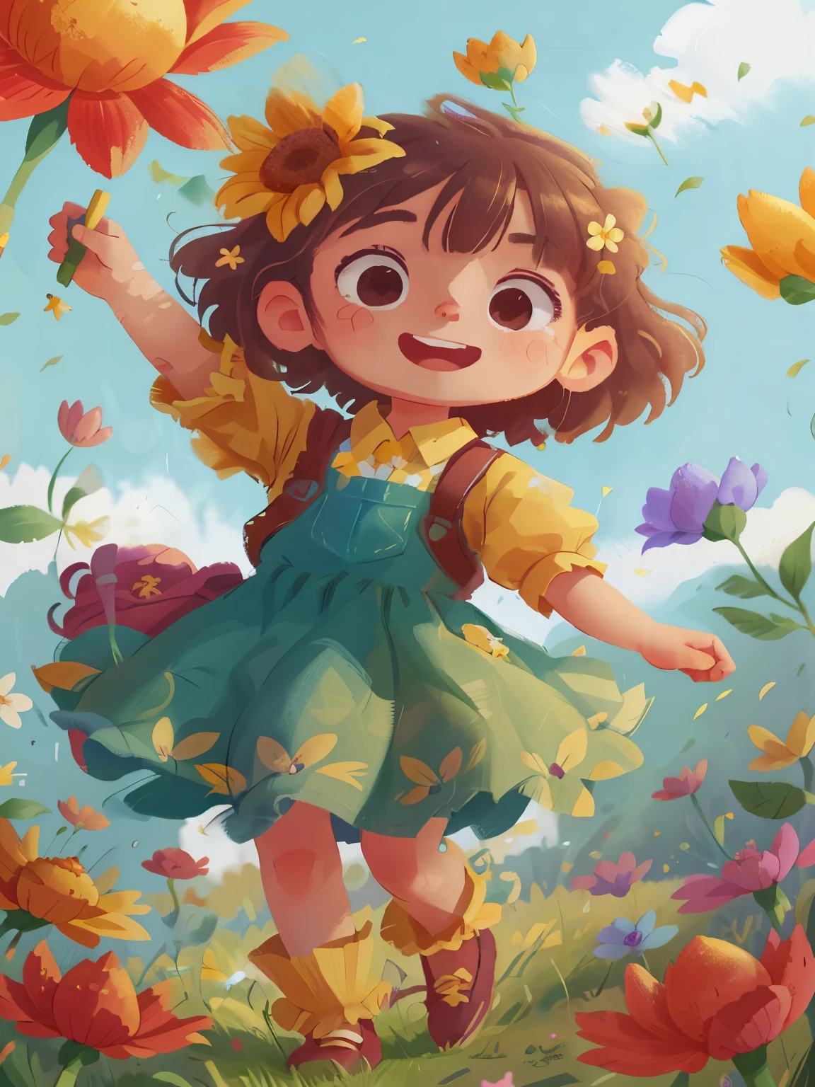 A girl holding flowers, colorful balloons floating in the sky, meadow, dancing, holding flowers, happy, happy, perfect quality, clear focus (clutter-home: 0.8), (masterpiece: 1.2) (Realistic: 1.2) (Bokeh) (Best quality) (Detailed skin: 1.3) (Intricate details) (8K) (Detail Eyes) (Sharp Focus), (Happy)