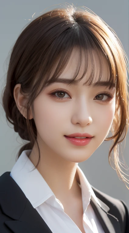 (highest quality:1.4), 32k resolution, (Realistic:1.5), (Ultra-realistic:1.5), High resolution UHD, (masterpiece:1.2)), (Improvement of quality:1.4), (Very beautiful facial details), (Highest quality realistic skin texture:1.4), (Perfect Anatomy:1.37), Gray gradient background, 20 year old mature woman,Flat Chest, Black suit:1.21, Show me your side boob:1.21, Bust B cup:1.21, Small breasts, Cool Beauty, Very slim figure, Tight waist, very small head, Very small face, Very detailed, Dark eyes, Symmetrical eyes, Thin lashes, Sharpen your eyebrows, Natural Makeup, [Pink lipstick], ((A great eye for quality:1.2)), (tired, Sleepy and satisfied:0.0), (Beautiful Lips:1.33), (Great nose:1.2), (medium breast:1.21), (Slim lower body), Shiny brown hair,Wavy Hair:1.21, Let your bangs hang long, Professional Reflector, Wearing a spring-like collared shirt, She has a happy smile on her face as she met her boyfriend