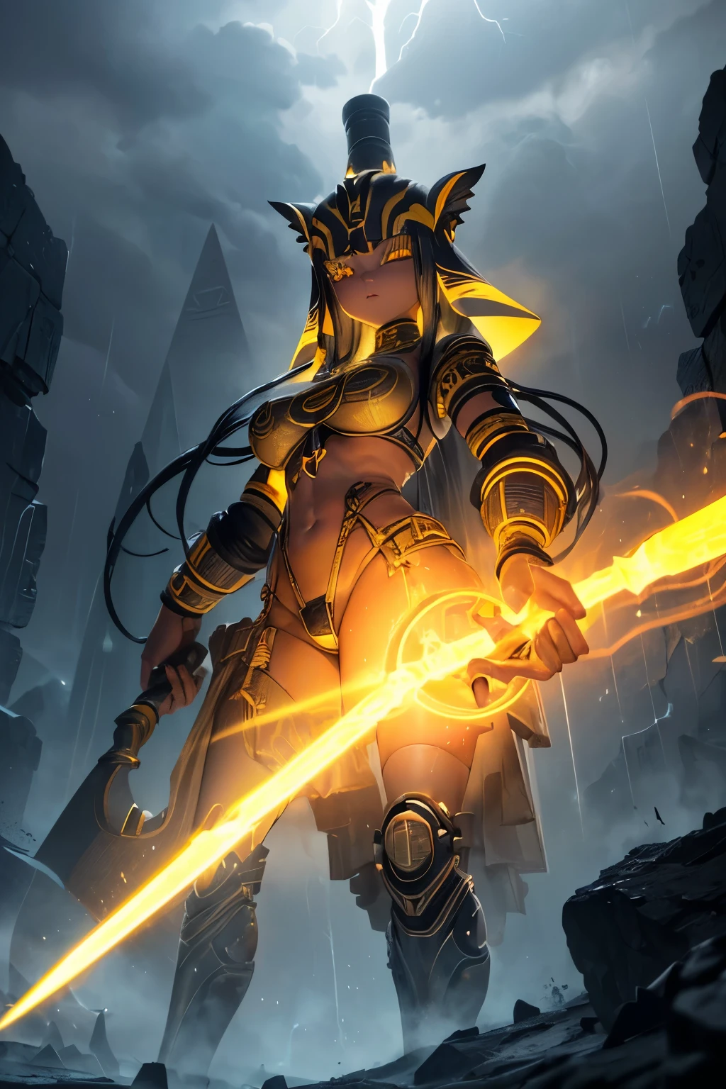 (Against tiny small warrior), (looking from below ground), (giant dark titanium robot:1.2) (in foggy clouds:1.1), (Ankha the colossal female:1.2), (ethereal prints on pyramid:1.1), (steamy), (holding giant scythe in hand), (glowing sparkling eyes), (stormy weather), (sparkling electricity), (thunder lightnings:1.2), 8k, realistic photo, cinematic photo, (detailed face abd eyes:1.2), intricate details, high quality, sharp focus, rough edges, (yellow ethereal glowing hieroglyphs:1.3), (yellow ethereal glowing cyber circuits:1.1), (detailed hand and finger:1.2), (medium breasts:1.2).