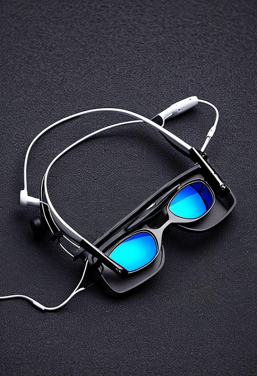 make an image of a sunglasses equipped with a camera and headphones for the visually impaired
